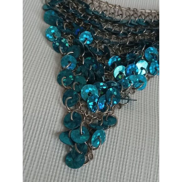 Relativity Blue & Silver Beaded Sequined Bib Style  Memory Wire Choker Necklace - Picture 8 of 9